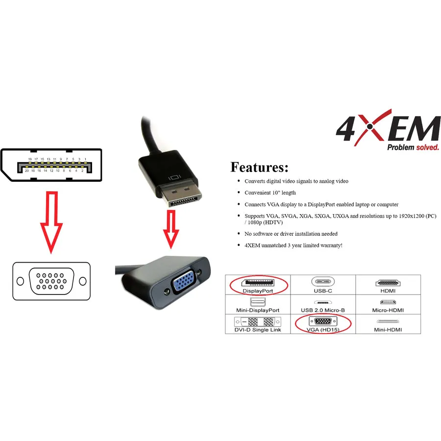 8In Displayport To Vga Adapter,Dp Male To Vga Female Black