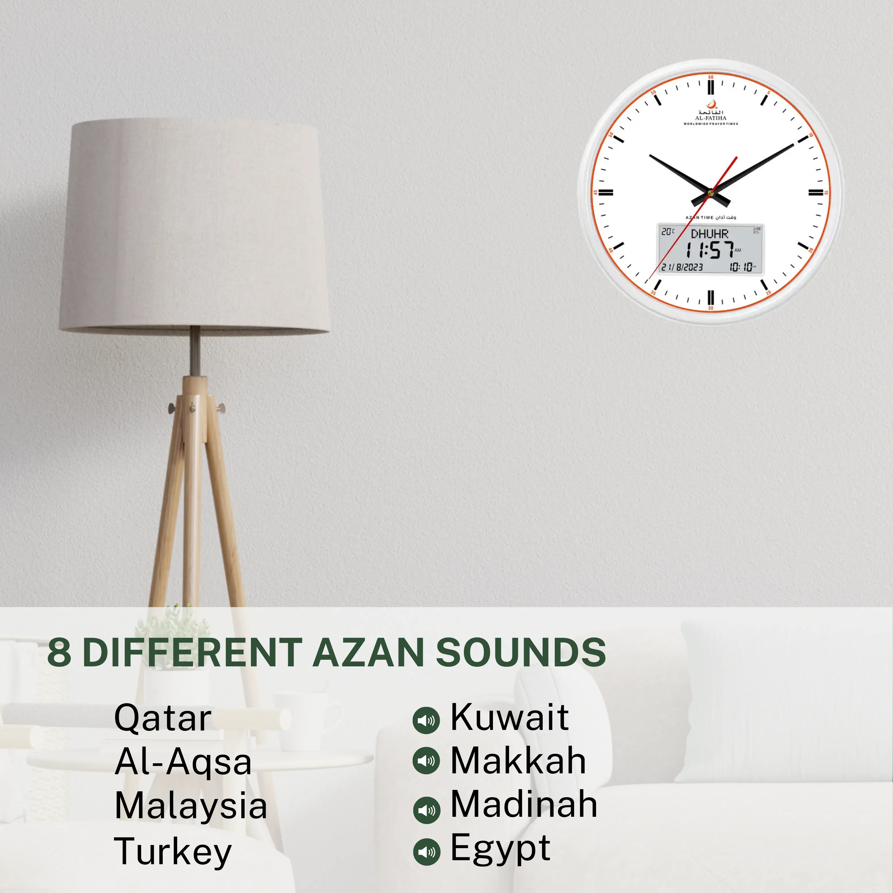 AzanClk Large Round Wall Automatic Athan Muslim Prayer Clock for USA and Canada (White)