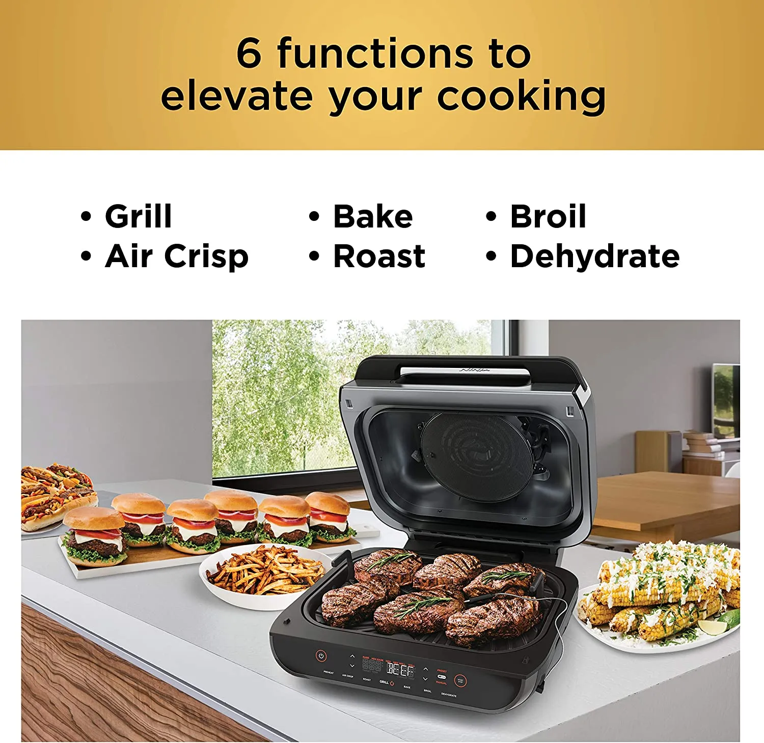 Ninja FG551 Foodi Smart XL 6-in-1 Indoor Grill with Air Fry, Roast, Bake, Broil & Dehydrate, Smart Thermometer (FG551)