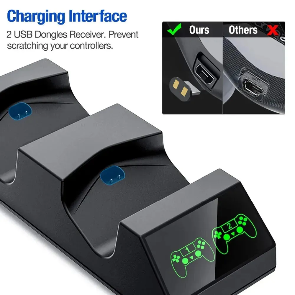 PS4 Controller Charger Station: with 4 Micro USB Charge Dongles Dual Charging for Playstation 4