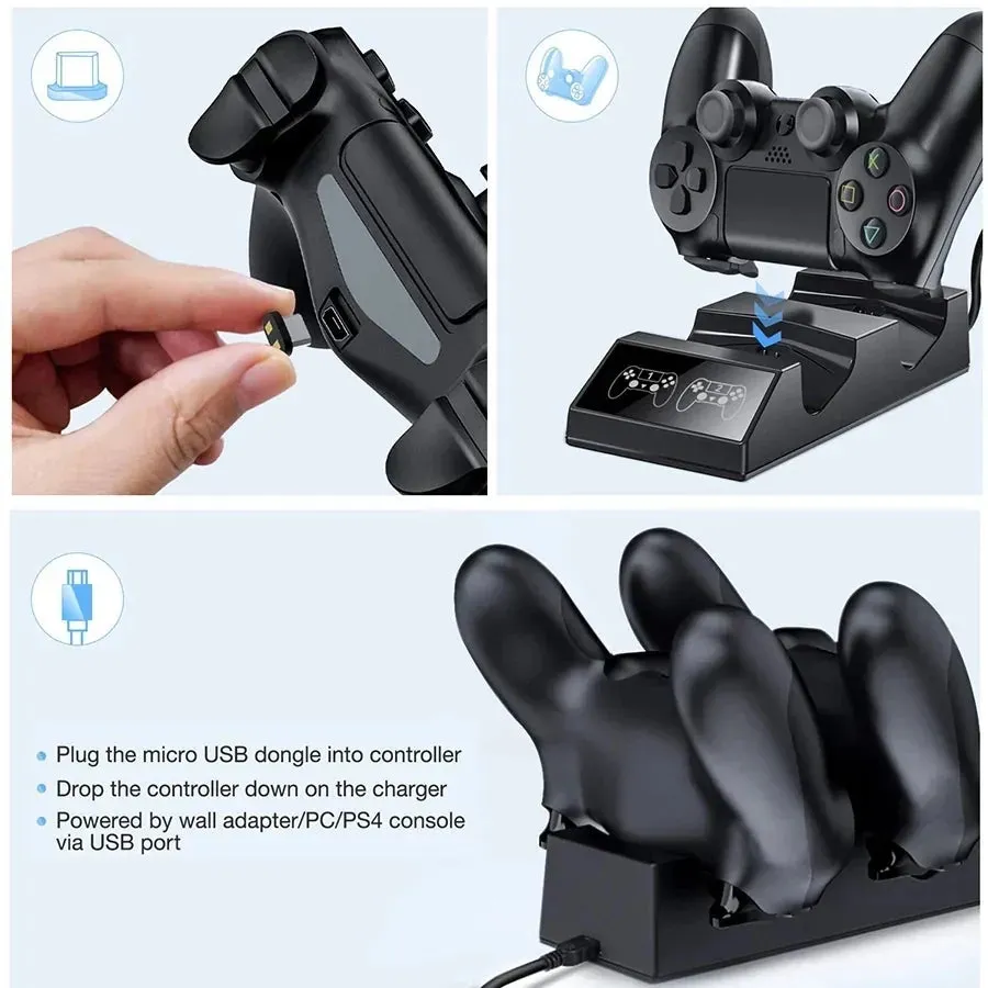 PS4 Controller Charger Station: with 4 Micro USB Charge Dongles Dual Charging for Playstation 4