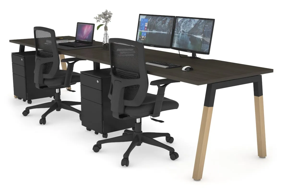 Quadro A Legs 2 Person Run Office Workstation - Wood Legs Cross Beam [1400L x  800W with Cable Scallop]