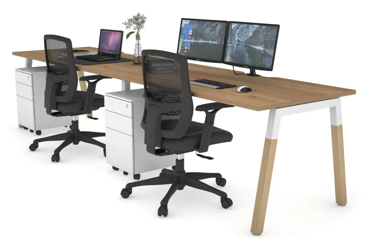 Quadro A Legs 2 Person Run Office Workstation - Wood Legs Cross Beam [1400L x  800W with Cable Scallop]