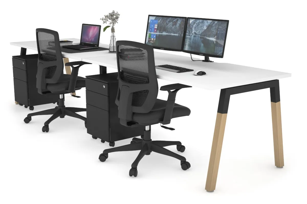 Quadro A Legs 2 Person Run Office Workstation - Wood Legs Cross Beam [1400L x  800W with Cable Scallop]