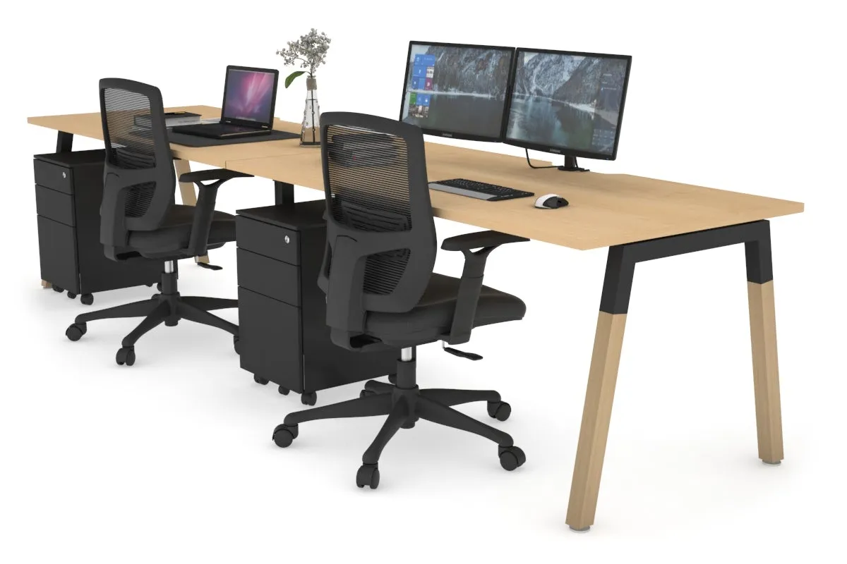 Quadro A Legs 2 Person Run Office Workstation - Wood Legs Cross Beam [1400L x  800W with Cable Scallop]