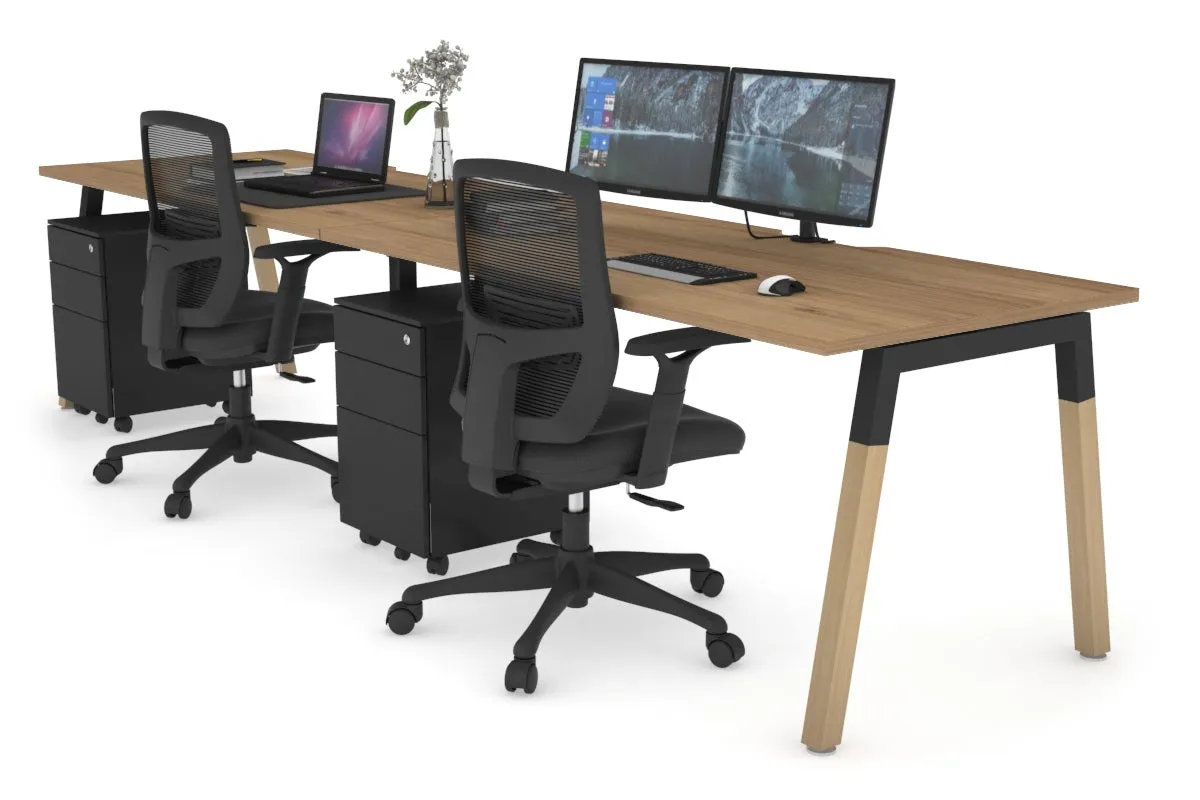 Quadro A Legs 2 Person Run Office Workstation - Wood Legs Cross Beam [1400L x  800W with Cable Scallop]