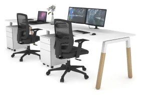 Quadro A Legs 2 Person Run Office Workstation - Wood Legs Cross Beam [1400L x  800W with Cable Scallop]