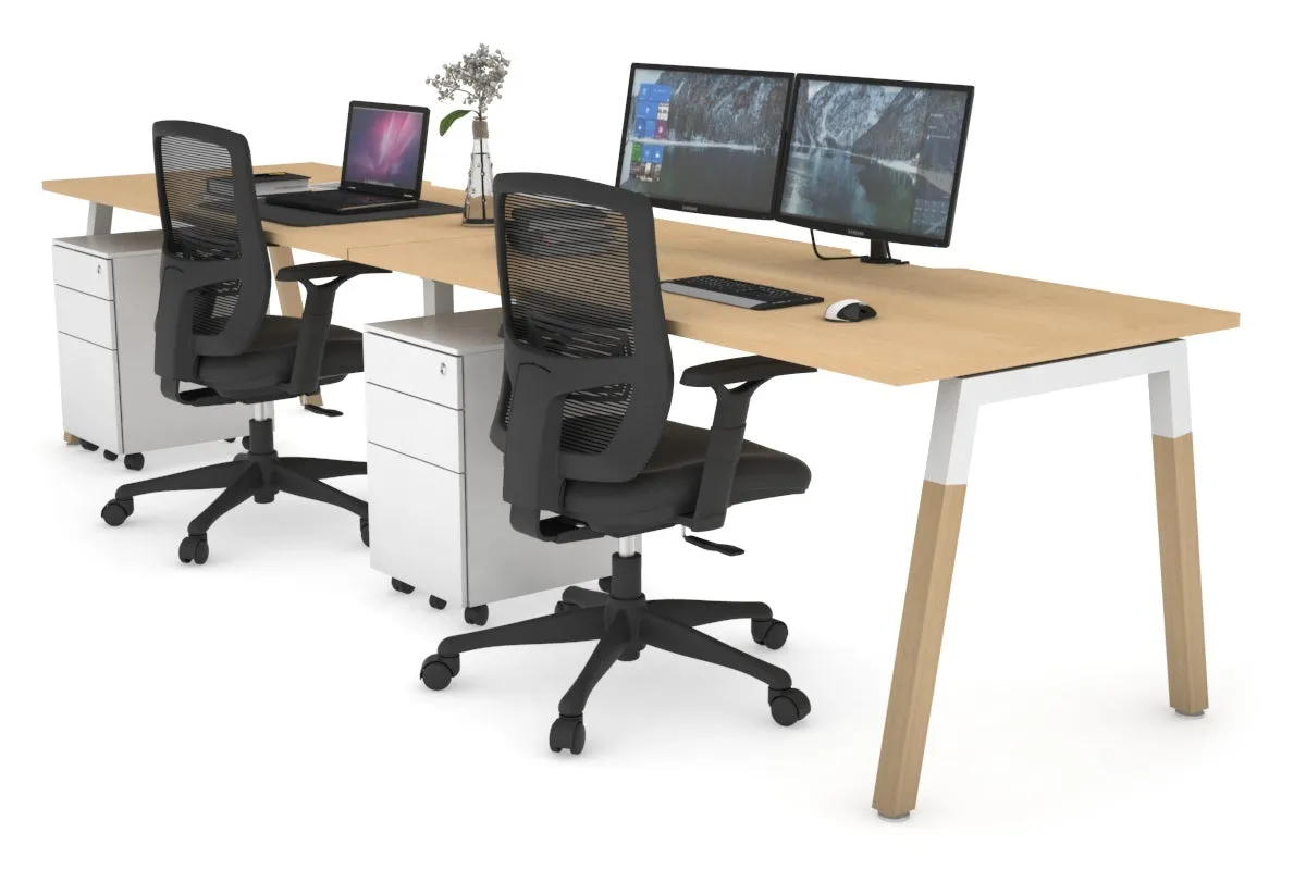 Quadro A Legs 2 Person Run Office Workstation - Wood Legs Cross Beam [1400L x  800W with Cable Scallop]