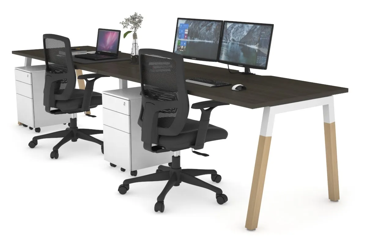 Quadro A Legs 2 Person Run Office Workstation - Wood Legs Cross Beam [1400L x  800W with Cable Scallop]