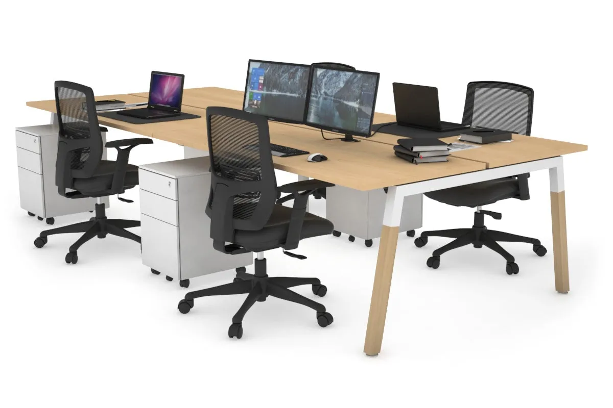 Quadro A Legs 4 Person Office Workstation - Wood Legs Cross Beam [1400L x 700W]