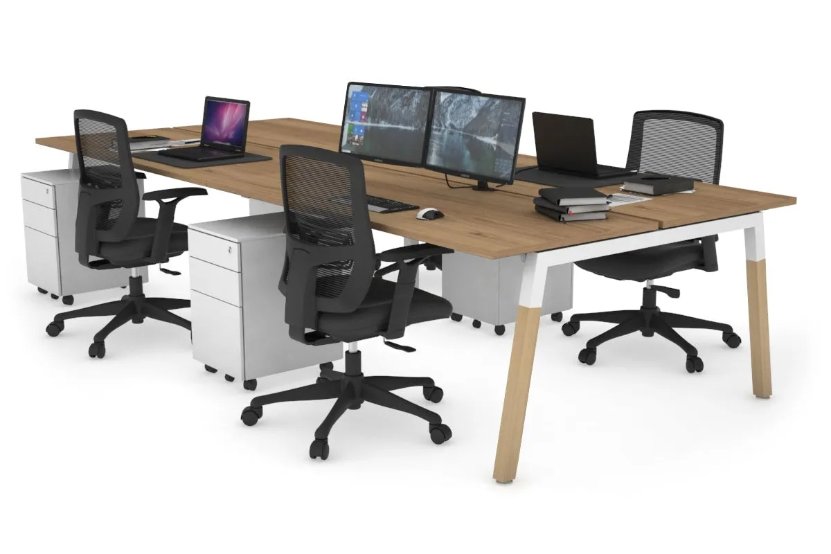 Quadro A Legs 4 Person Office Workstation - Wood Legs Cross Beam [1400L x 700W]