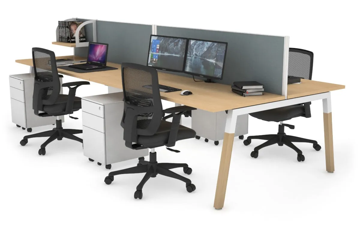 Quadro A Legs 4 Person Office Workstation - Wood Legs Cross Beam [1400L x 700W]