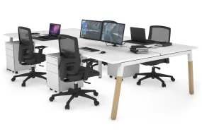 Quadro A Legs 4 Person Office Workstation - Wood Legs Cross Beam [1600L x 800W with Cable Scallop]