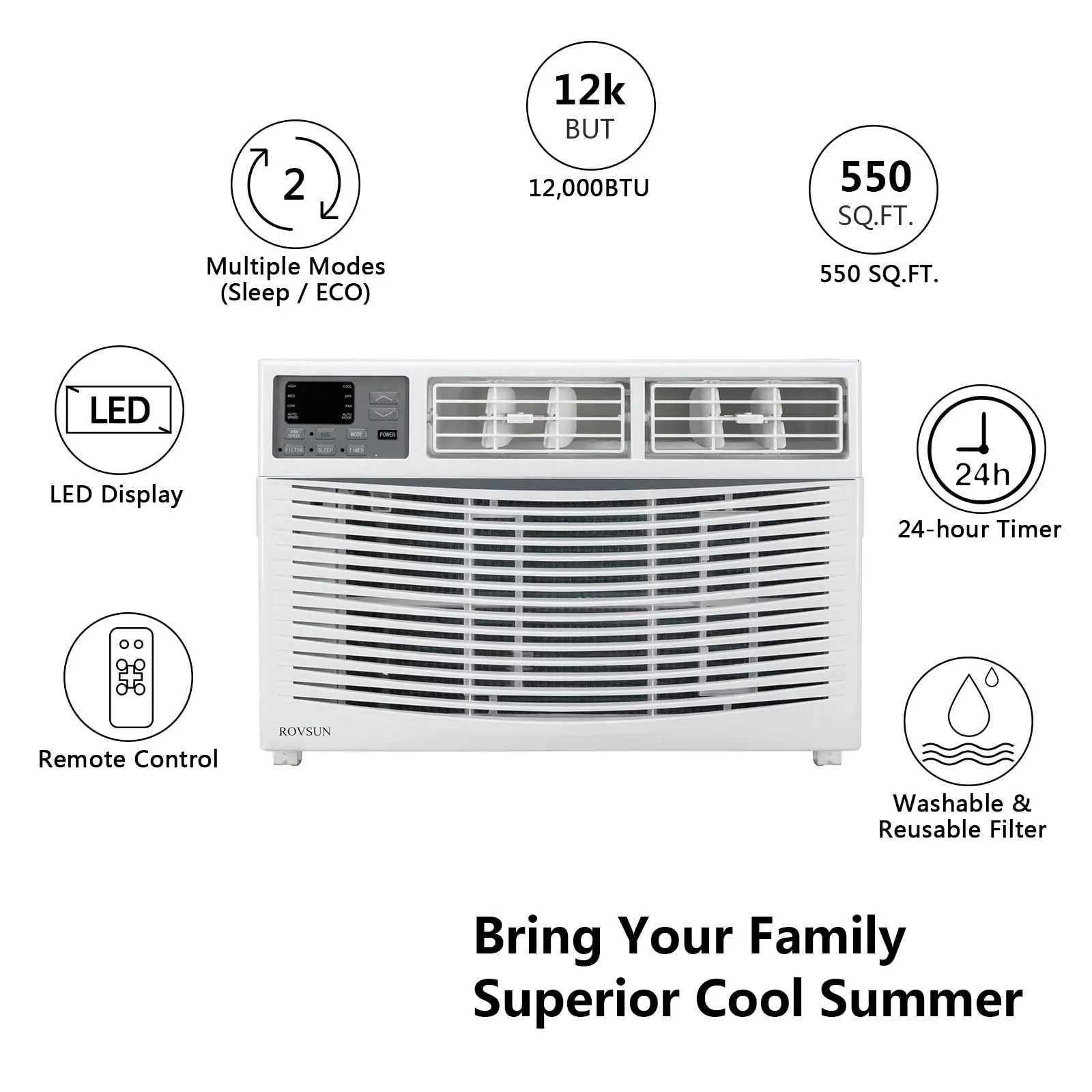 ROVSUN 12000 BTU Air Conditioner Window Unit, 3-in-1 Window AC Unit Cooler, Dehumidifier & Fan with Timer, Remote Control & Installation Kit, Cooling Rooms up to 550 Sq. Ft, 115V/60Hz, White & Grey