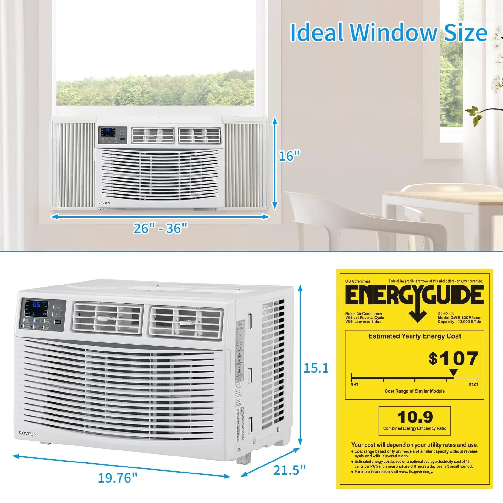 ROVSUN 12000 BTU Air Conditioner Window Unit, 3-in-1 Window AC Unit Cooler, Dehumidifier & Fan with Timer, Remote Control & Installation Kit, Cooling Rooms up to 550 Sq. Ft, 115V/60Hz, White & Grey