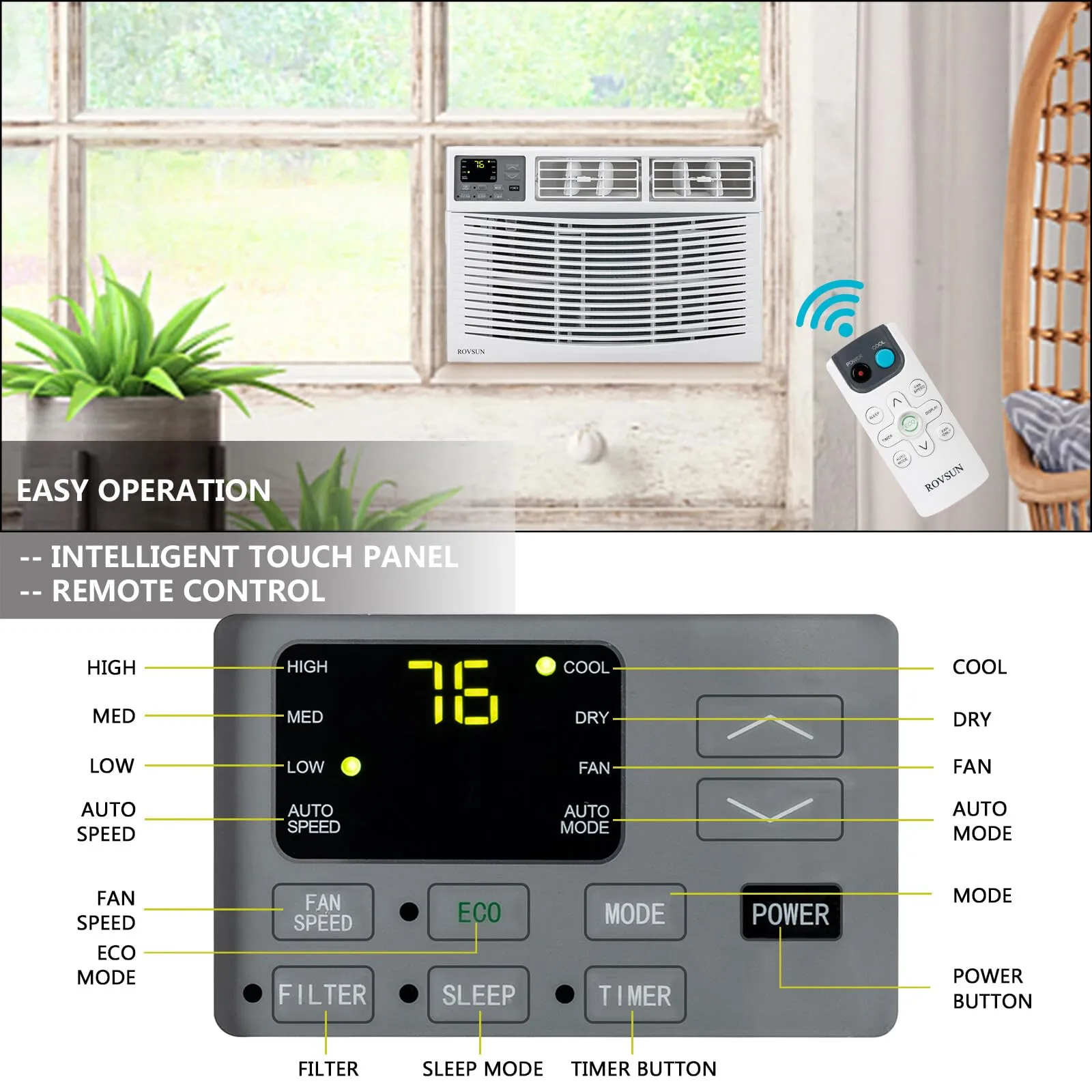 ROVSUN 12000 BTU Air Conditioner Window Unit, 3-in-1 Window AC Unit Cooler, Dehumidifier & Fan with Timer, Remote Control & Installation Kit, Cooling Rooms up to 550 Sq. Ft, 115V/60Hz, White & Grey