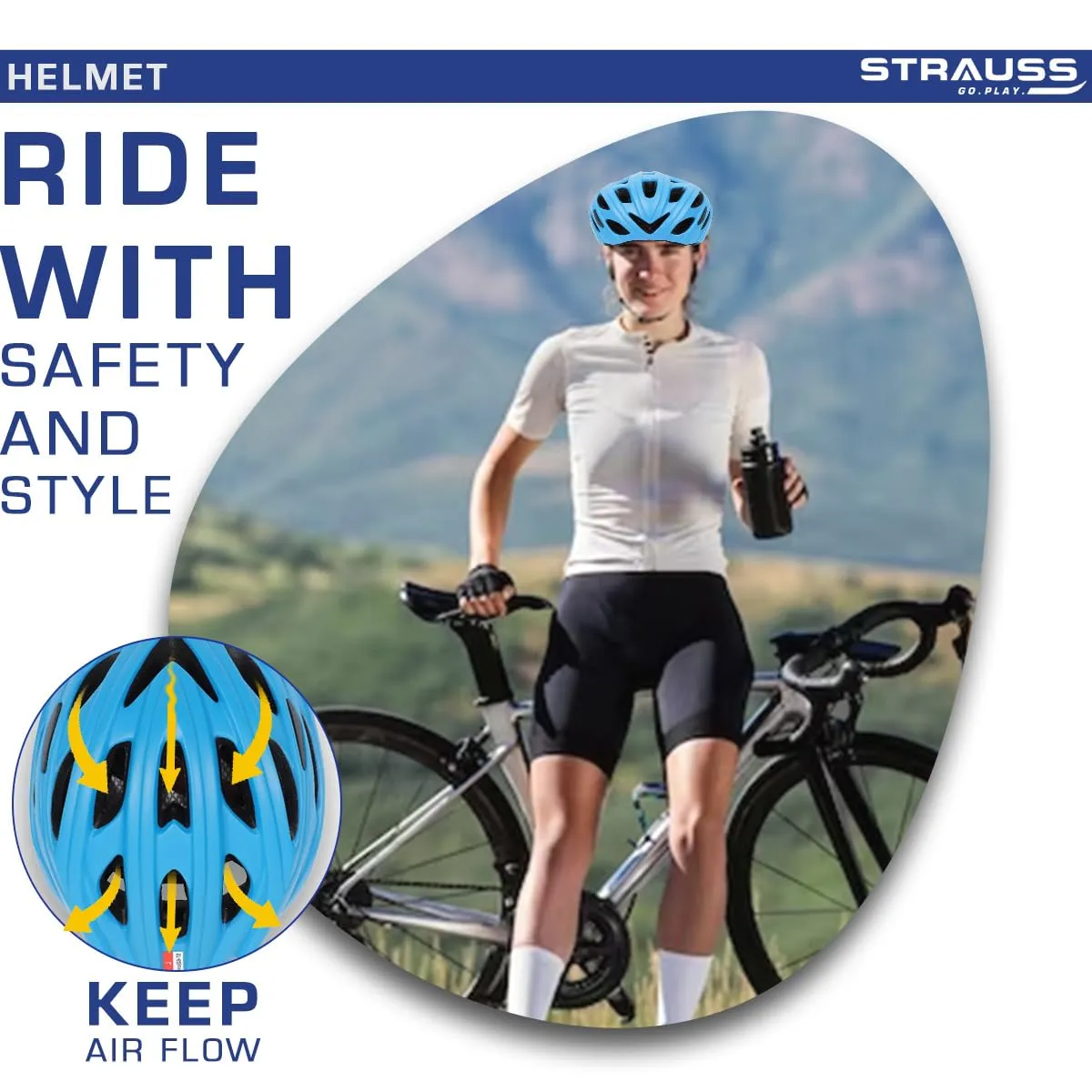 Strauss Veloguard Cycling Helmet | Light Weight with Superior Ventilation | Mountain, Road Bike & Skating Helmet with Adjustable Size | LED Safety Backlight | Ideal for Adults and Kids,(Blue)