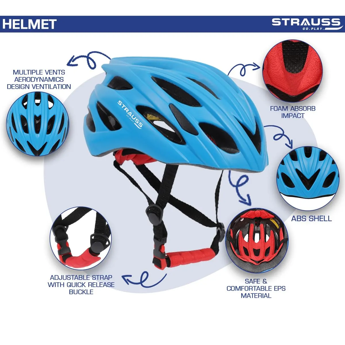 Strauss Veloguard Cycling Helmet | Light Weight with Superior Ventilation | Mountain, Road Bike & Skating Helmet with Adjustable Size | LED Safety Backlight | Ideal for Adults and Kids,(Blue)