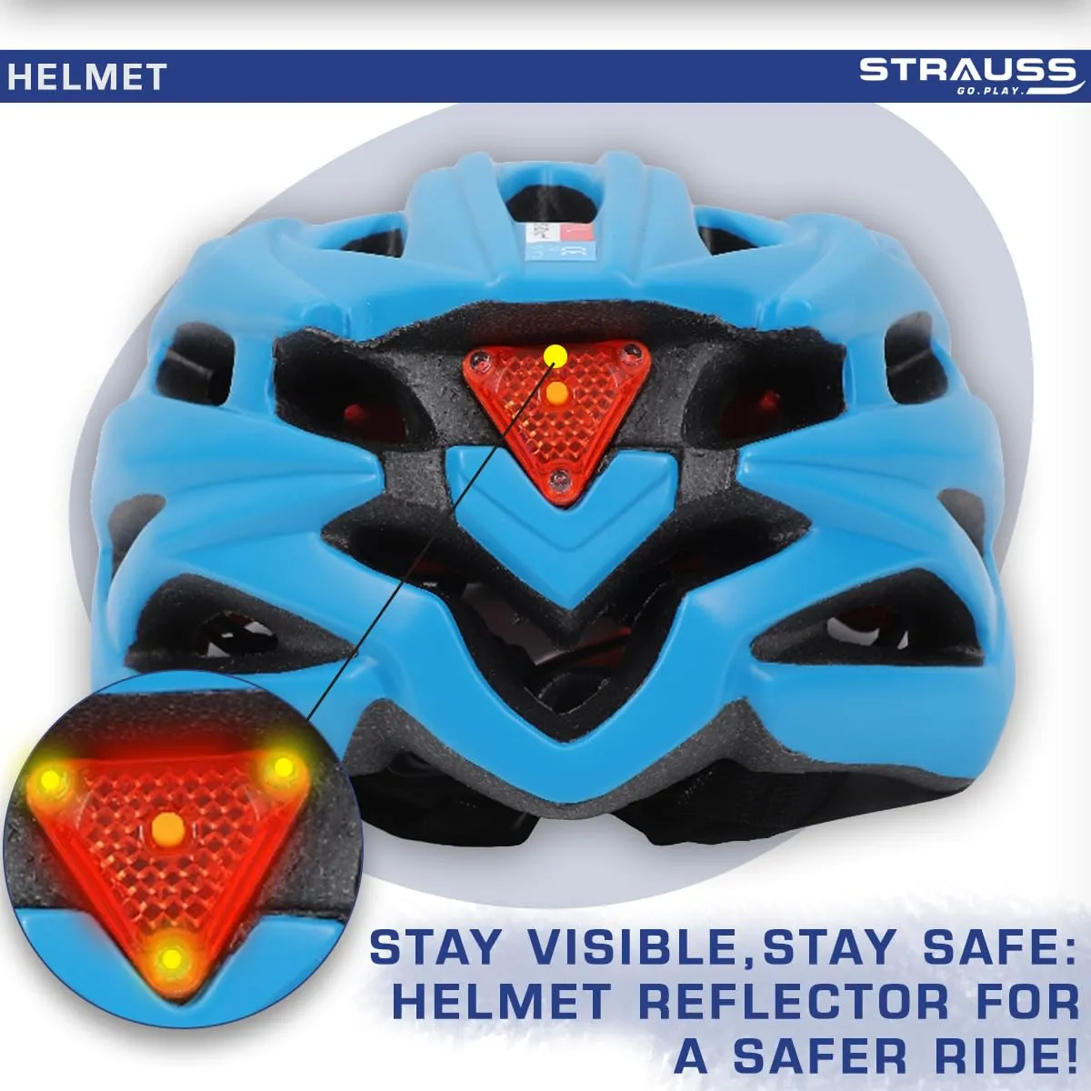 Strauss Veloguard Cycling Helmet | Light Weight with Superior Ventilation | Mountain, Road Bike & Skating Helmet with Adjustable Size | LED Safety Backlight | Ideal for Adults and Kids,(Blue)