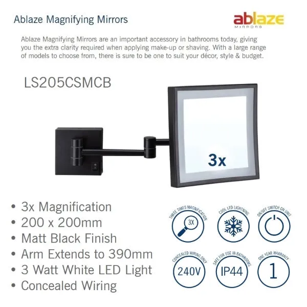 Thermogroup Ablaze Lit Magnifying Square Mirror 3x Mag - Black