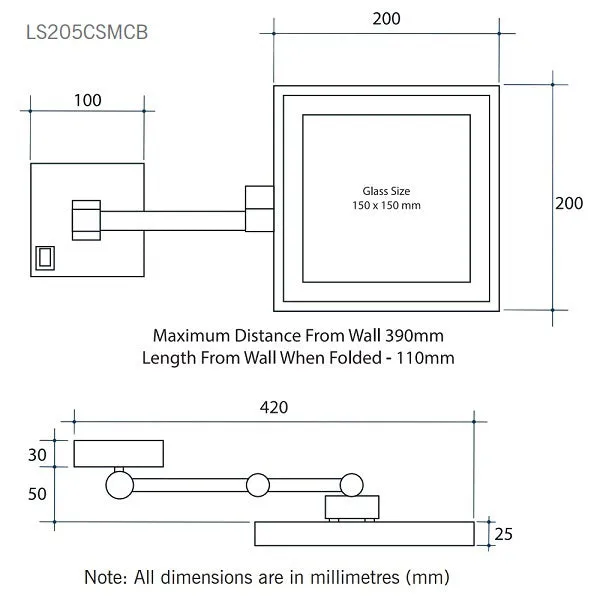 Thermogroup Ablaze Lit Magnifying Square Mirror 3x Mag - Black