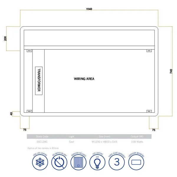 Thermogroup Premium SSC Range Back-Lit Mirror 1200mm x 800mm