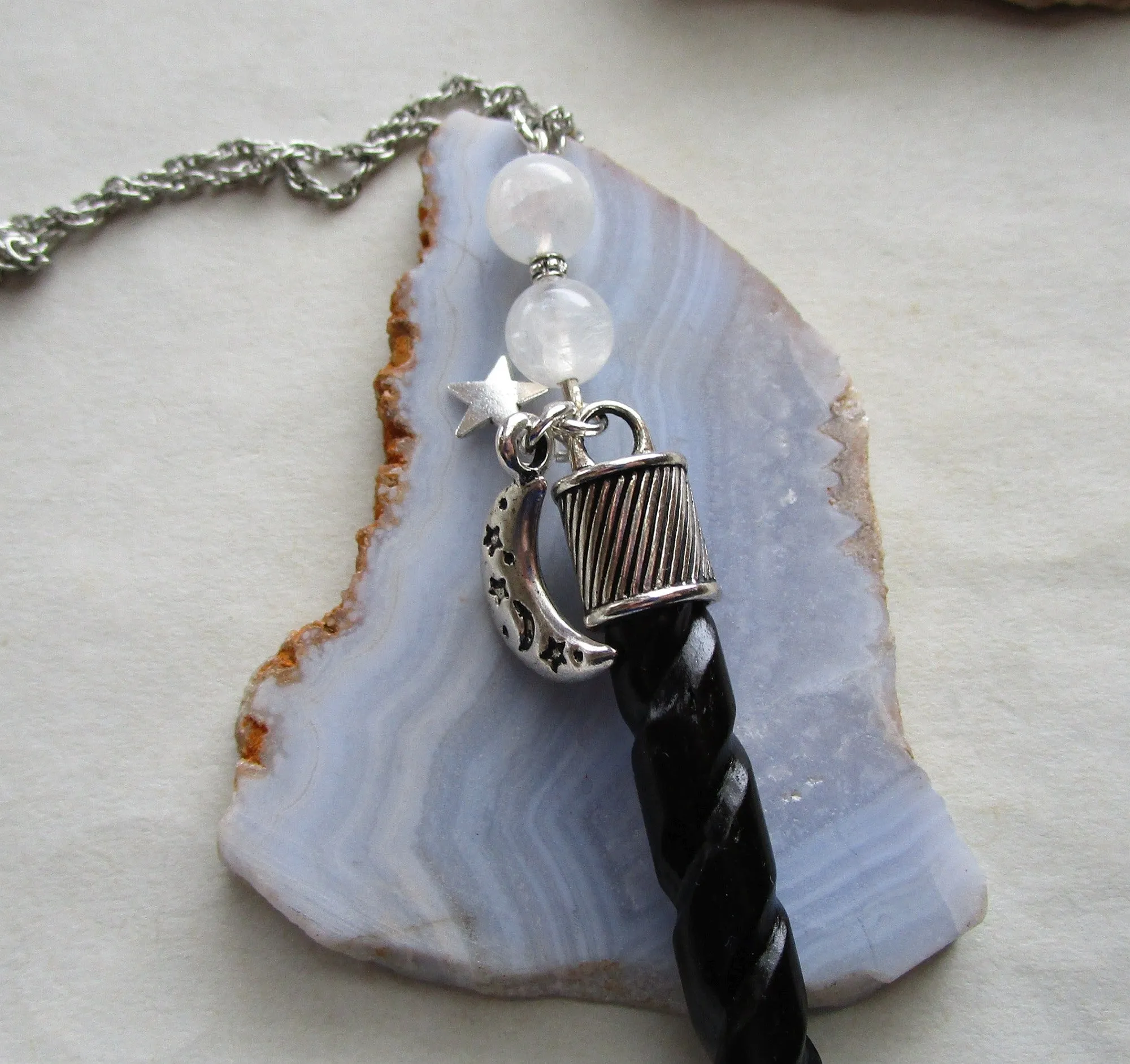 Unicorn Horn Natural Black Spiral Wand Pendant Necklace