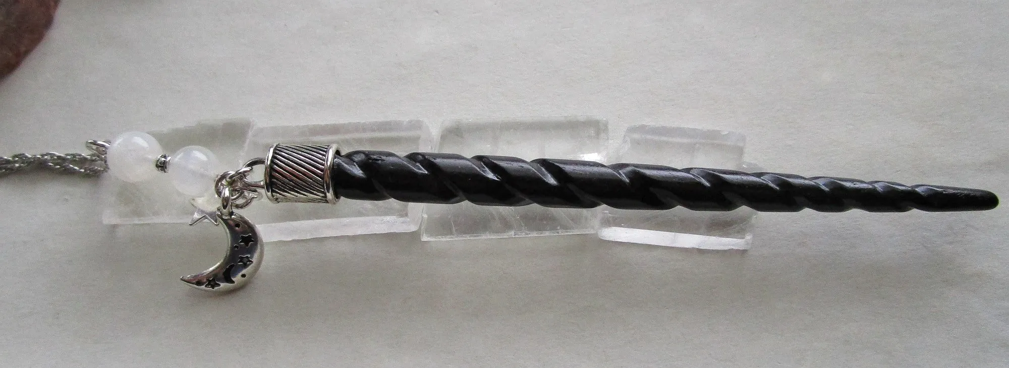 Unicorn Horn Natural Black Spiral Wand Pendant Necklace